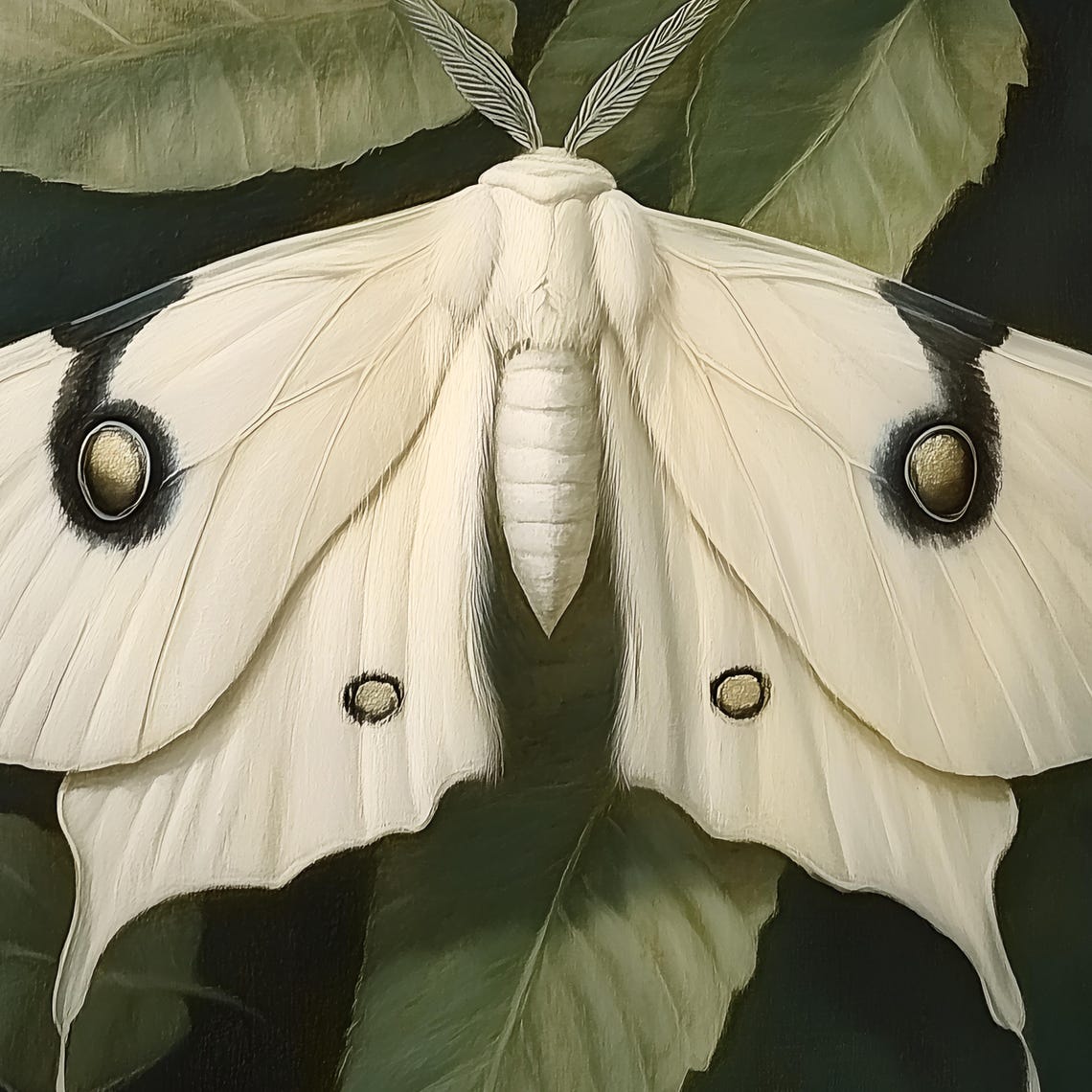 White Moth With Eye Spots Resting On Dark Green Leaves Print - Image 2