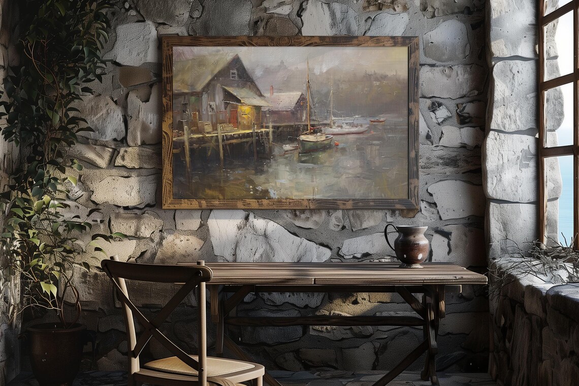 Fishing Village Harbor Docks Misty Coastal Vintage Painting Poster - Image 3