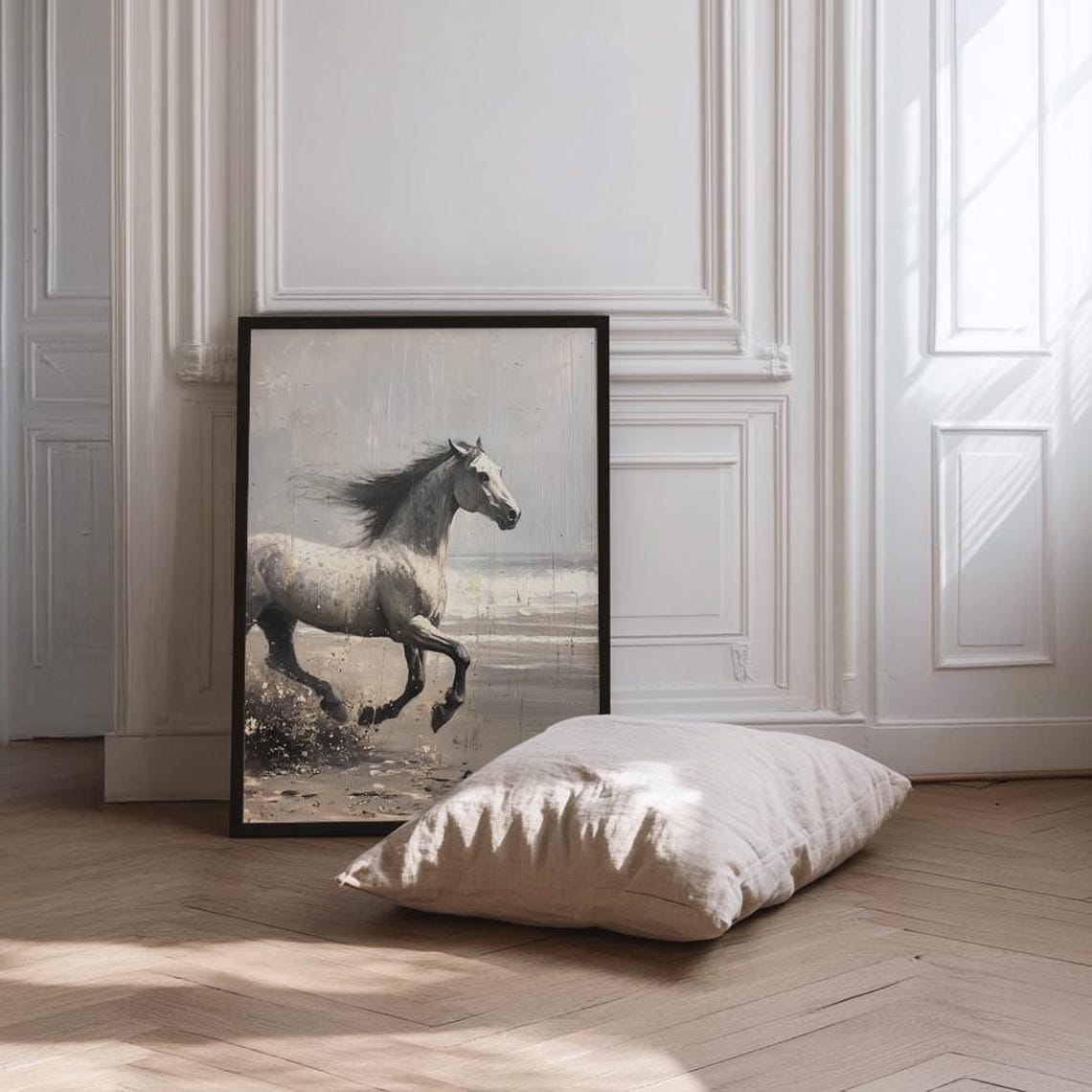 Grey Horse Galloping On A Misty Beach Vintage Coastal Poster - Image 3