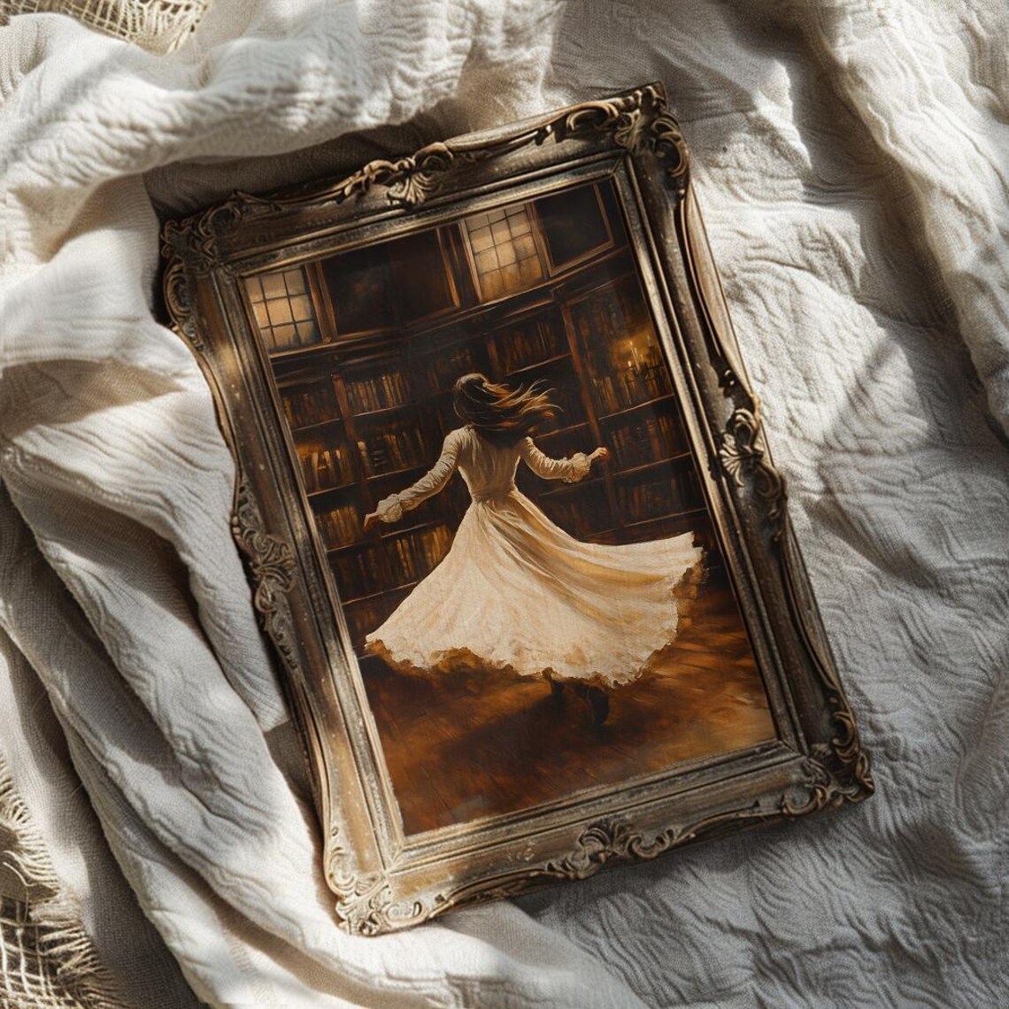 Woman in a Flowing White Dress Twirling in a Dark Library Poster - Image 2