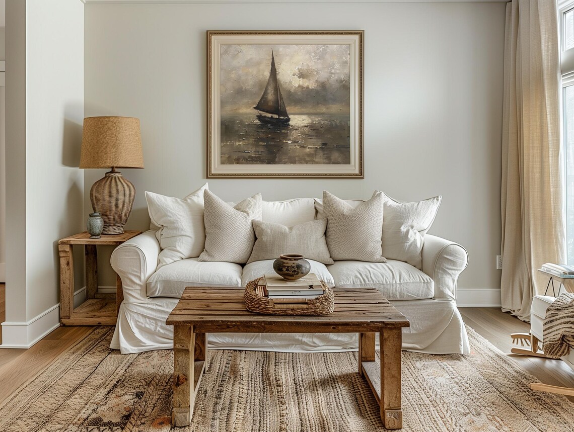 Lone Sailboat on Misty Gray Sea Vintage Coastal Oil Art Poster - Image 2