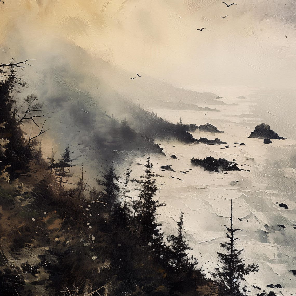 Moody Foggy Coastline with Pine Cliffs and Distant Seabirds Poster - Image 3