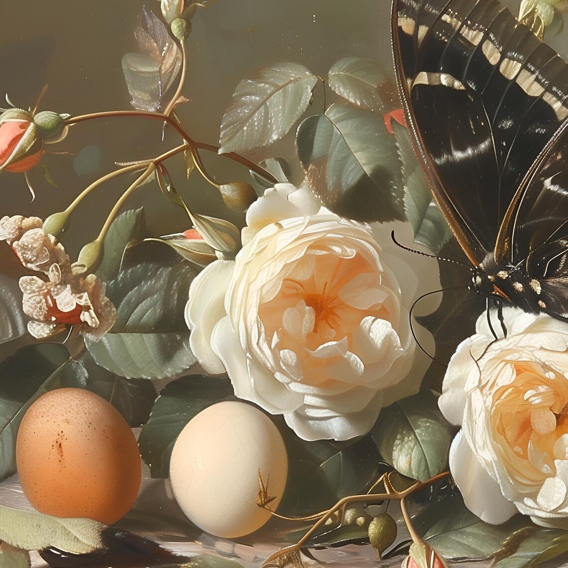 Dark Butterfly on White Roses Vintage Frame TV Still Life Print - Image 2