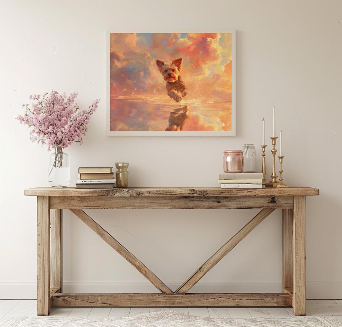 Playful Yorkshire Terrier Splashing In Golden Sunset Water Print - Image 3