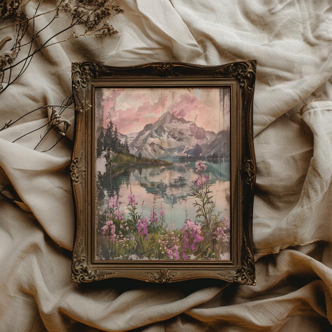 Snowy Mountain Lake Reflection With Pink Wildflowers Art Poster - Image 3
