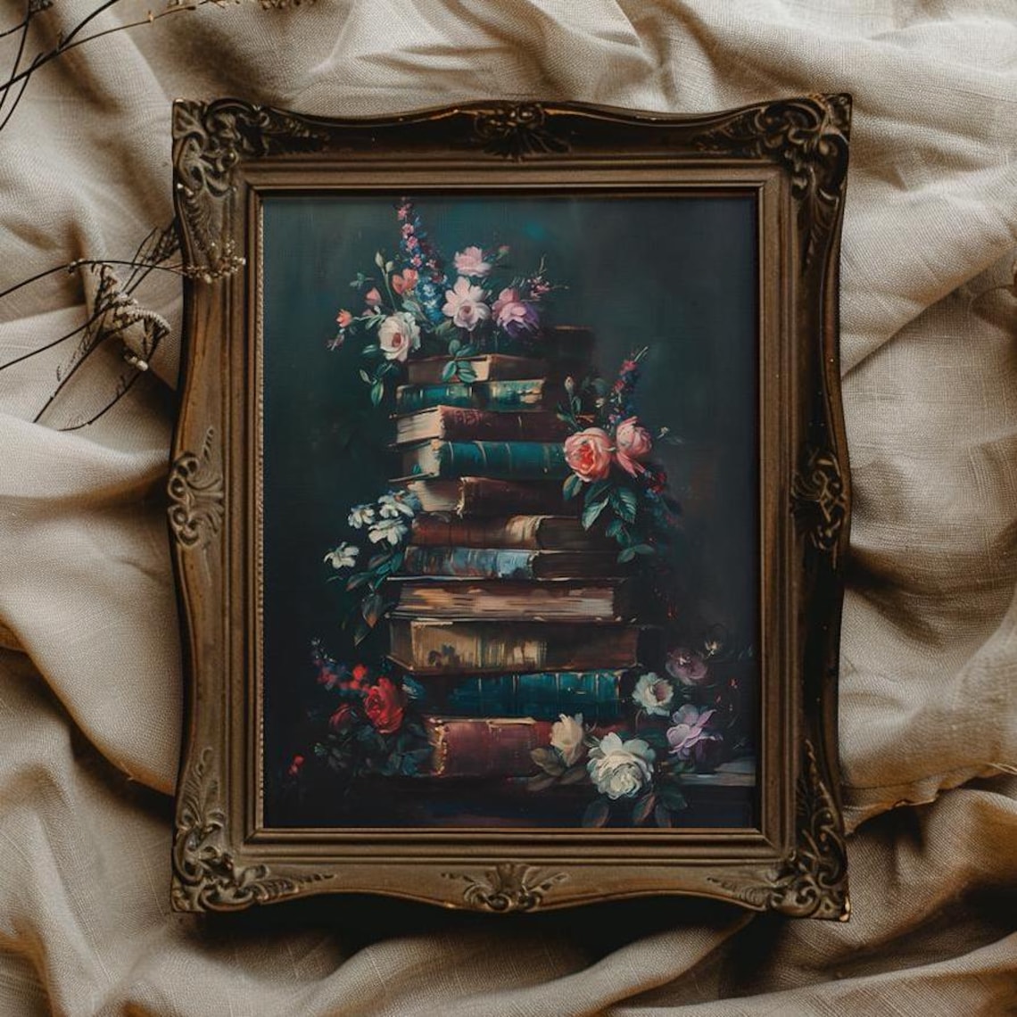 Dark Moody Stack of Antique Books with Roses and Wildflowers Poster