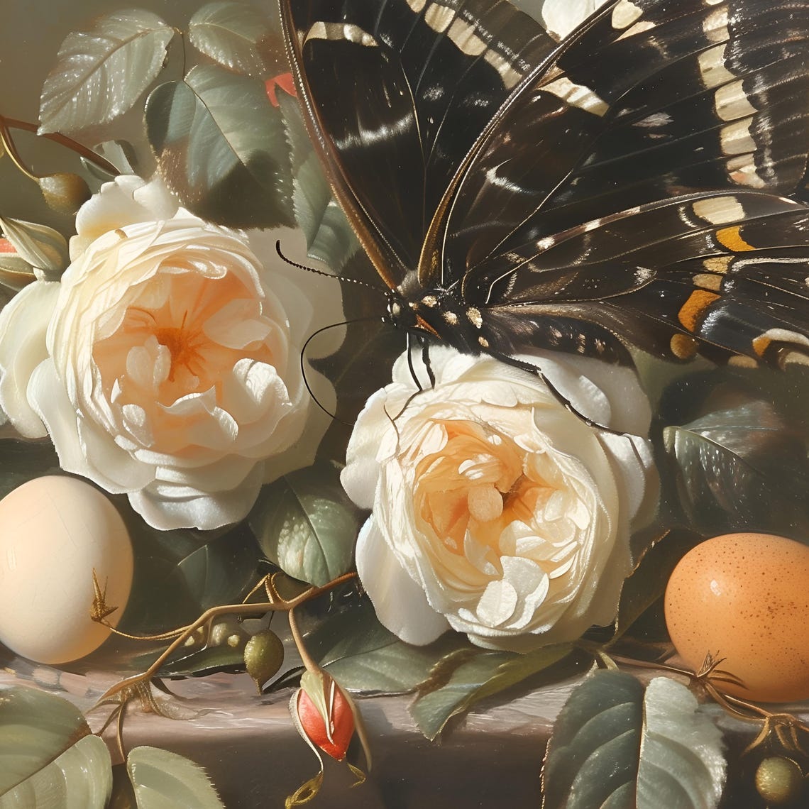 Dark Swallowtail Butterfly Resting on White Roses With Eggs Poster - Image 2
