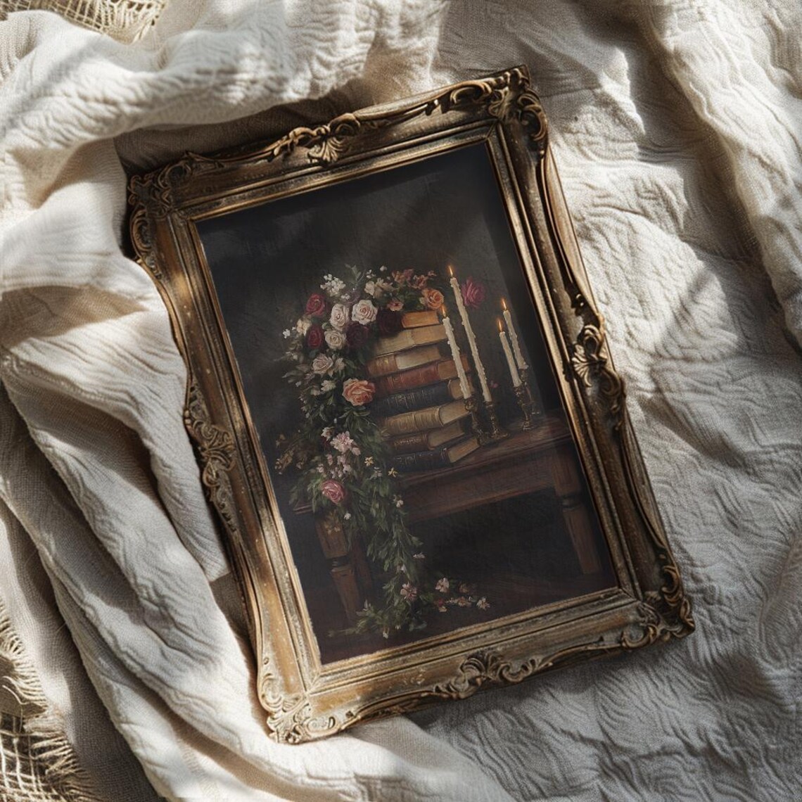 Stacked Vintage Books with Cascading Roses and Lit Candles Poster - Image 2