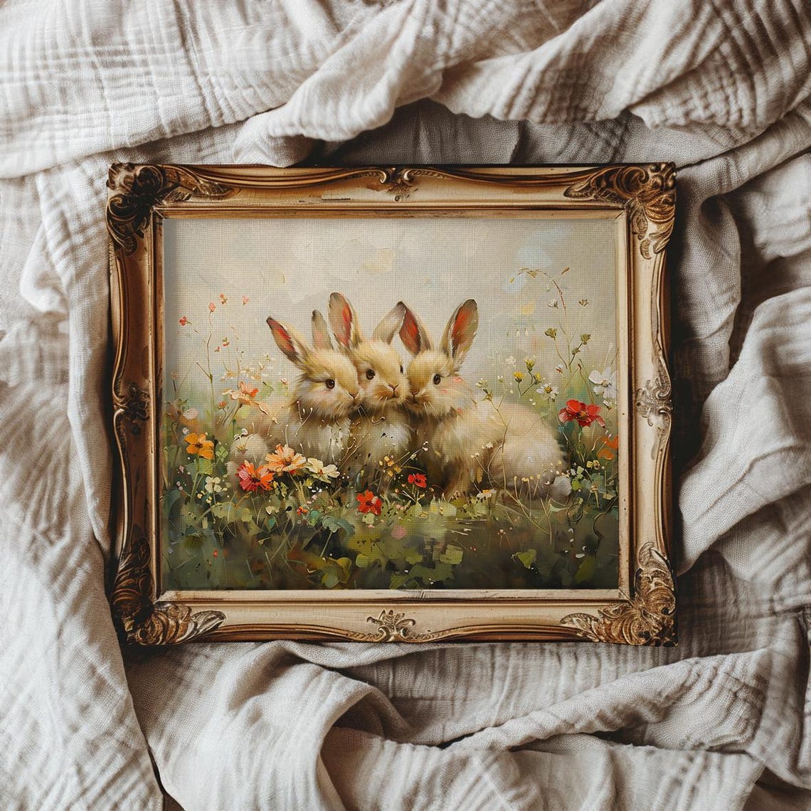 Three Baby Bunnies Cuddling In Wildflowers Easter Spring Poster - Image 3