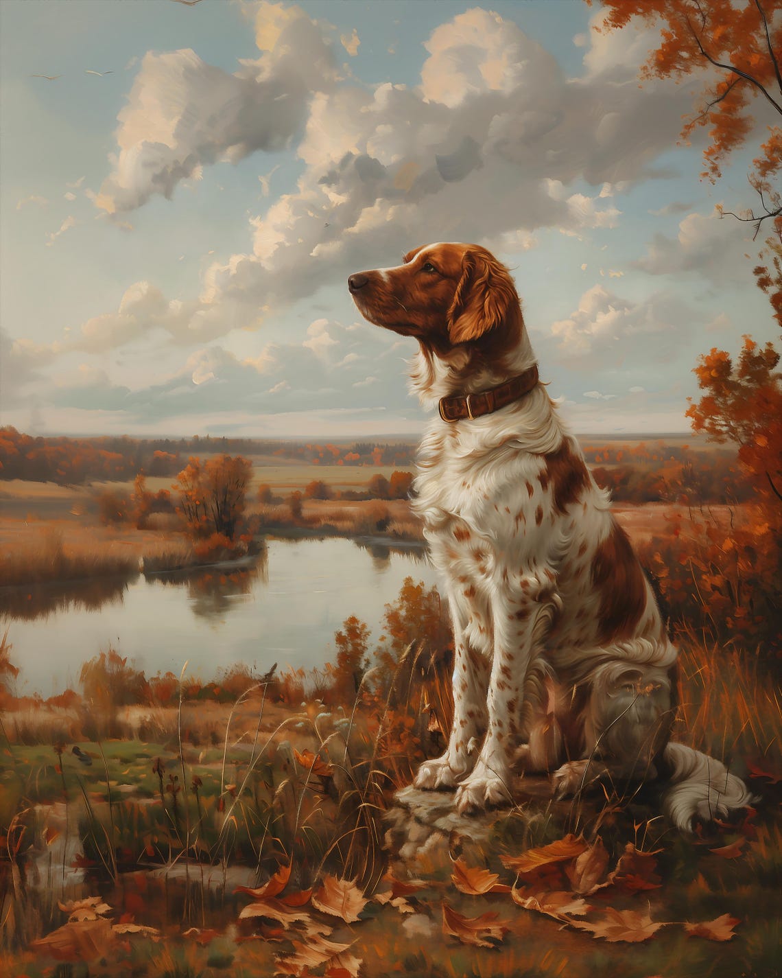 Brittany Spaniel Sitting in an Autumn Field by a Lake Poster - Image 3