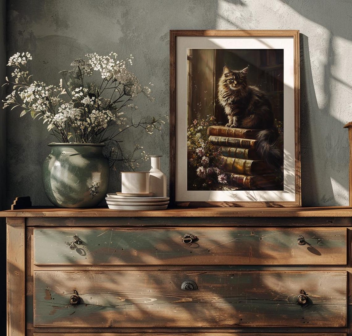 Fluffy Long Haired Tabby Cat On Old Books Dark Academia Poster - Image 4