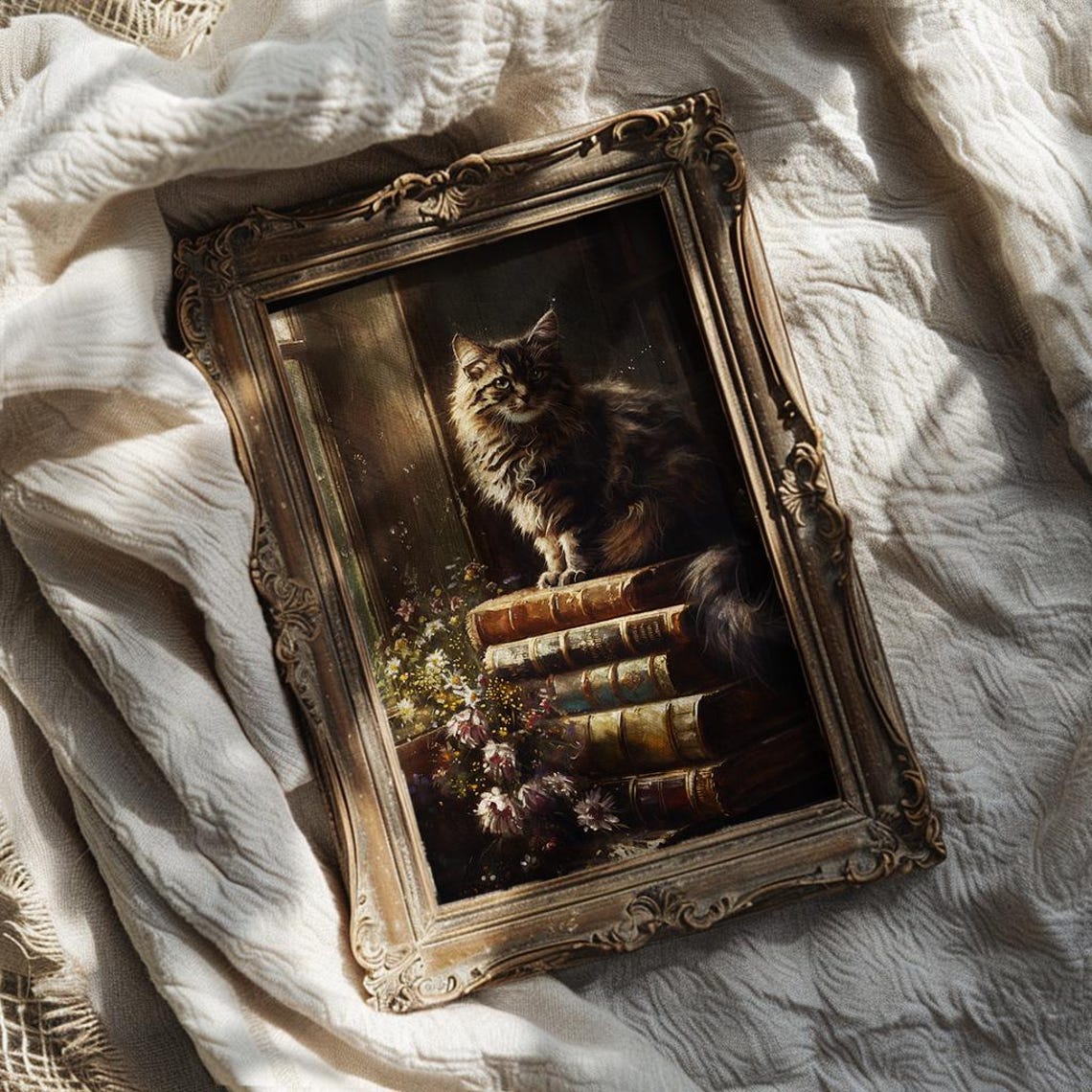 Fluffy Long Haired Tabby Cat On Old Books Dark Academia Poster - Image 2