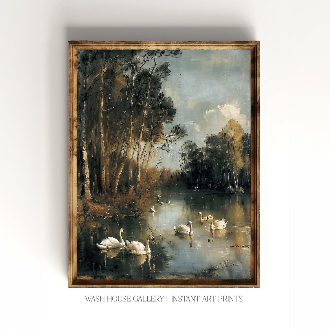 White Swans On a Dark Woodland River Moody Oil Painting Poster - Image 3
