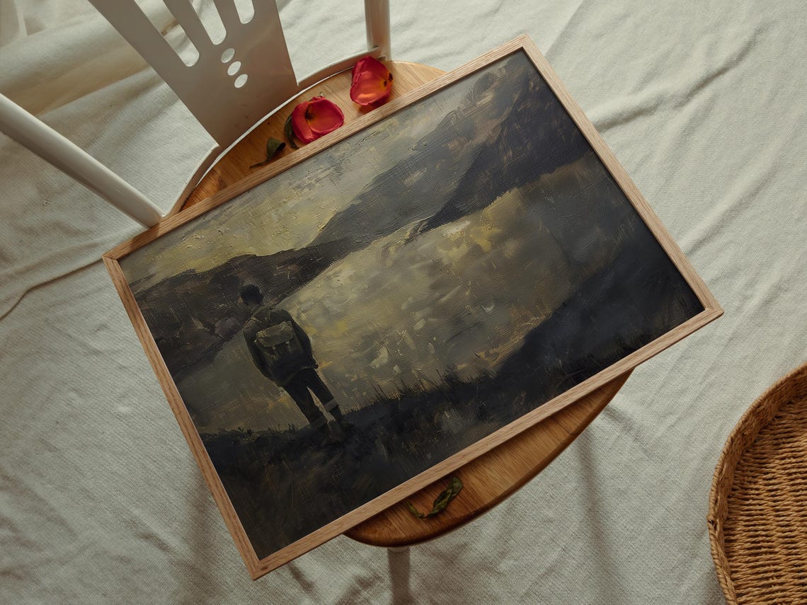 Lone Hiker Overlooking Misty Mountain Lake At Dusk Art Wall Poster - Image 2