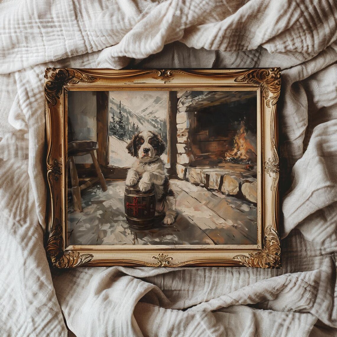 Saint Bernard Puppy With Rescue Barrel By Fireplace Winter Poster - Image 3