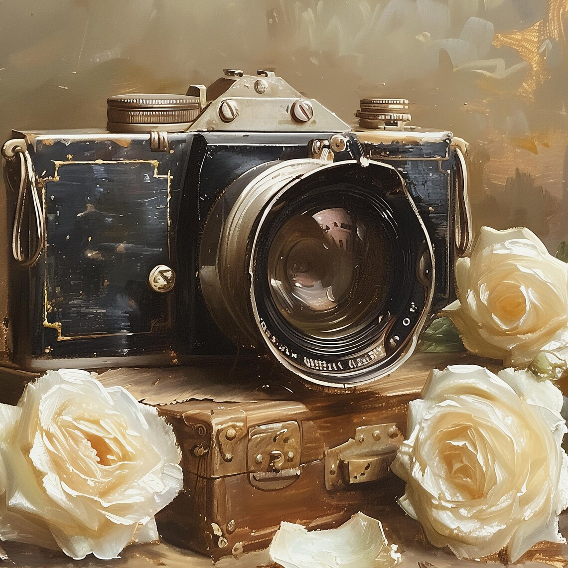 Vintage Film Camera with Ivory White Roses Rustic Still Life Poster - Image 2