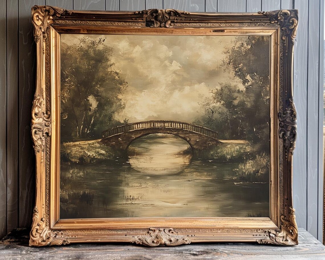 Stone Arch Bridge over a Misty River Vintage Painting Poster