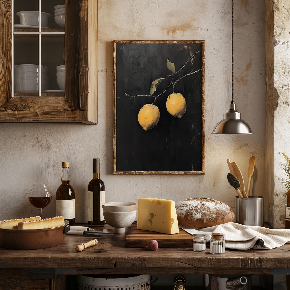 Two Lemons Hanging on a Branch Against a Dark Background Poster - Image 2