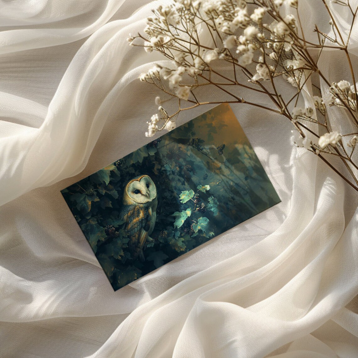Barn Owl Hidden In Dark Ivy and Berry Vines Oil Painting Poster - Image 3