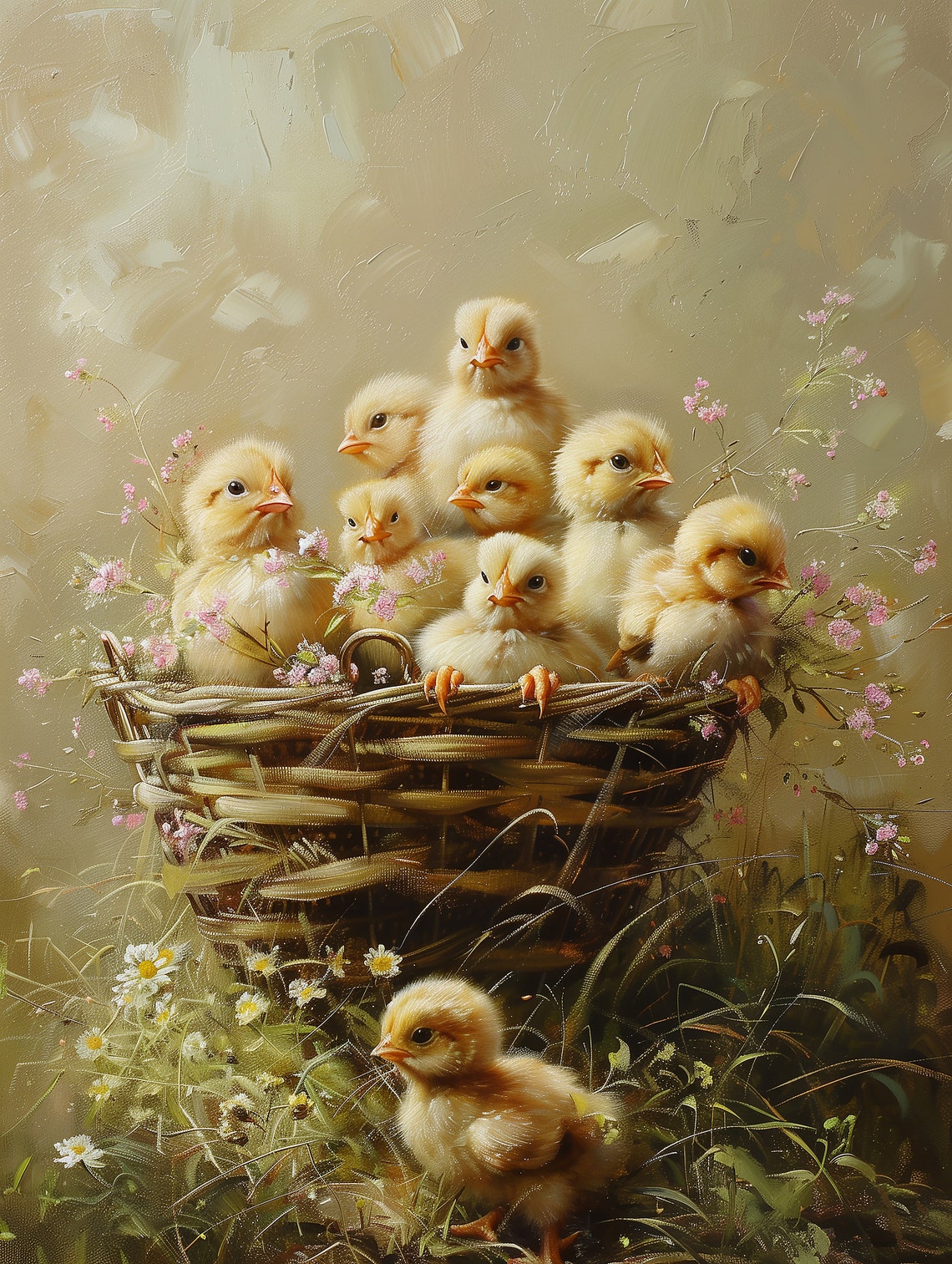 Baby Chicks Crowding a Wicker Basket in Spring Flowers Poster - Image 2