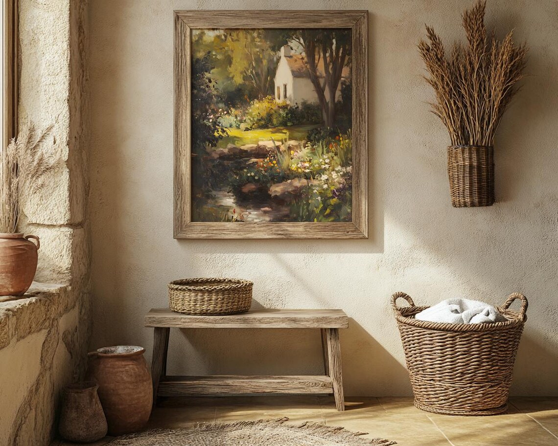 Sunlit White Cottage Garden with a Flowering Stream Vintage Poster - Image 2