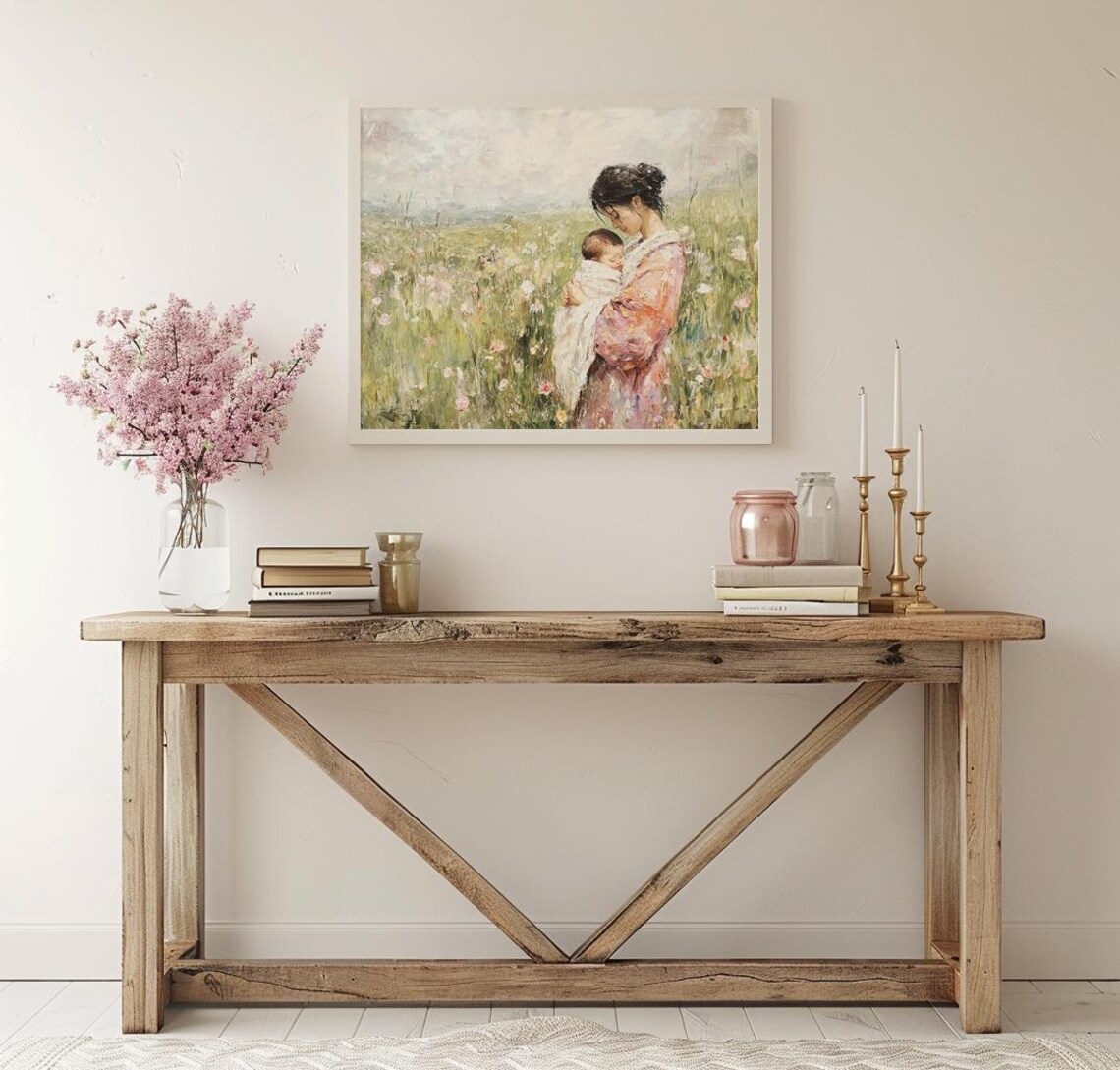 Mother Cradling Baby In Wildflower Meadow Impressionist Art Poster - Image 3