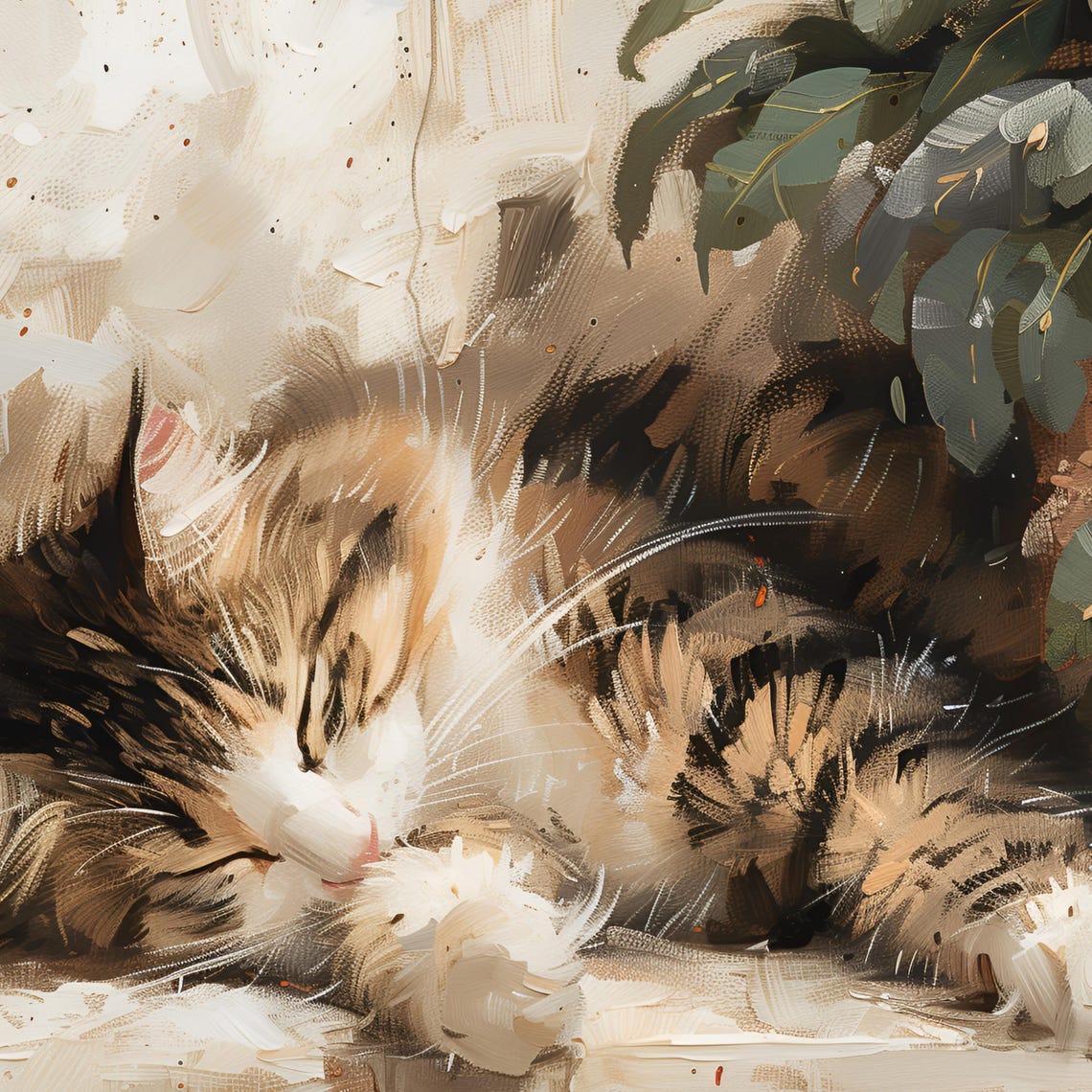 Sleeping Fluffy Kitten Curled on a Ledge by a Large Plant Poster - Image 2