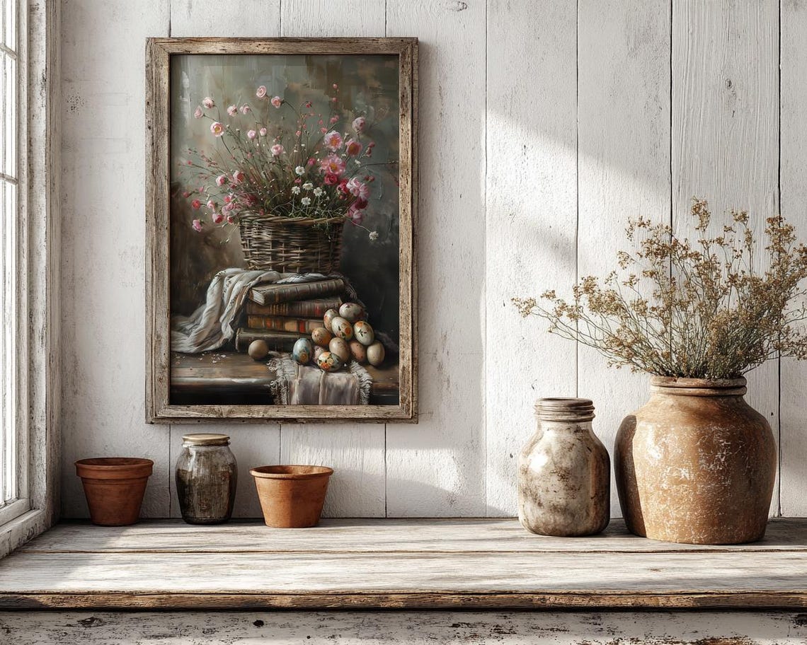 Wildflower Basket on Vintage Books with Decorated Eggs Poster - Image 2