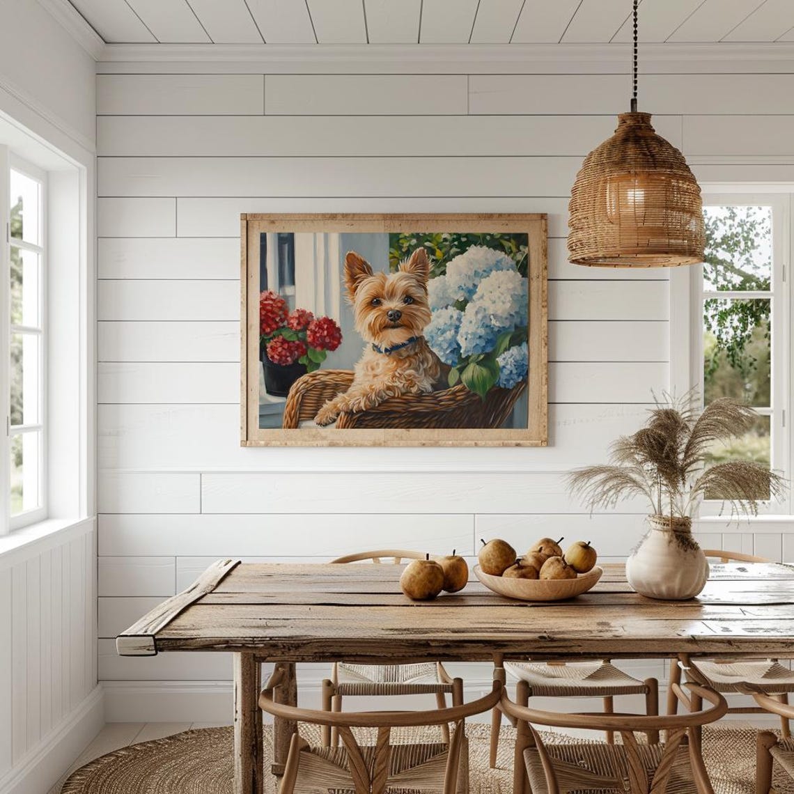 Yorkshire Terrier In Wicker Chair With Hydrangeas Art Wall Poster - Image 3