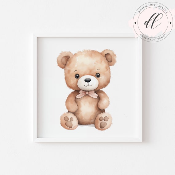 Teddy Bear Illustration Cute Nursery Wall Art Childrens Room Decor Animal Artwork Baby Shower Gift