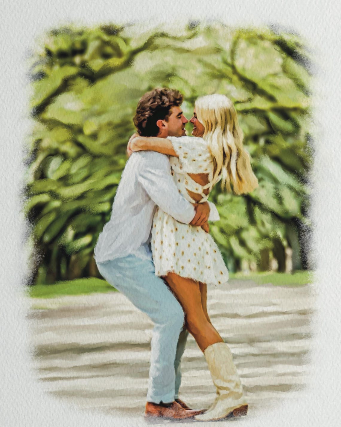 Young Couple Embracing on a Shaded Path Beneath Green Trees Poster