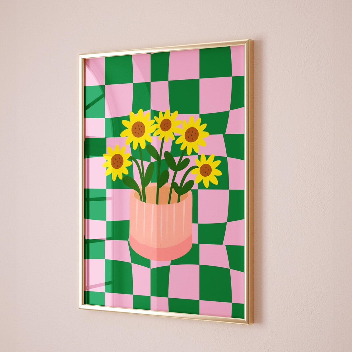 Sunflowers In Pink Pot Checkerboard Maximalist Floral Poster