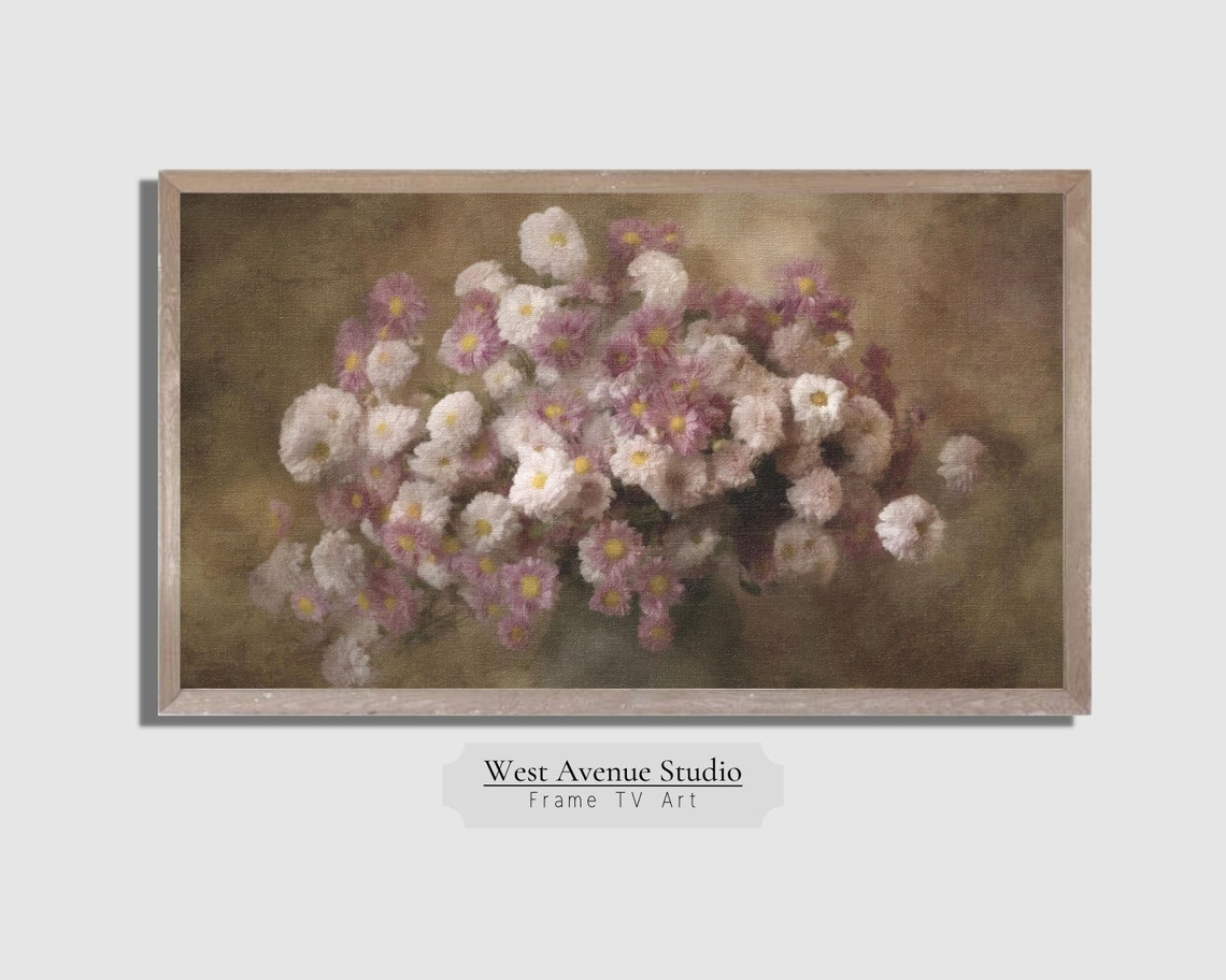 Pink White Chrysanthemums Vintage Still Life Floral Painting Poster