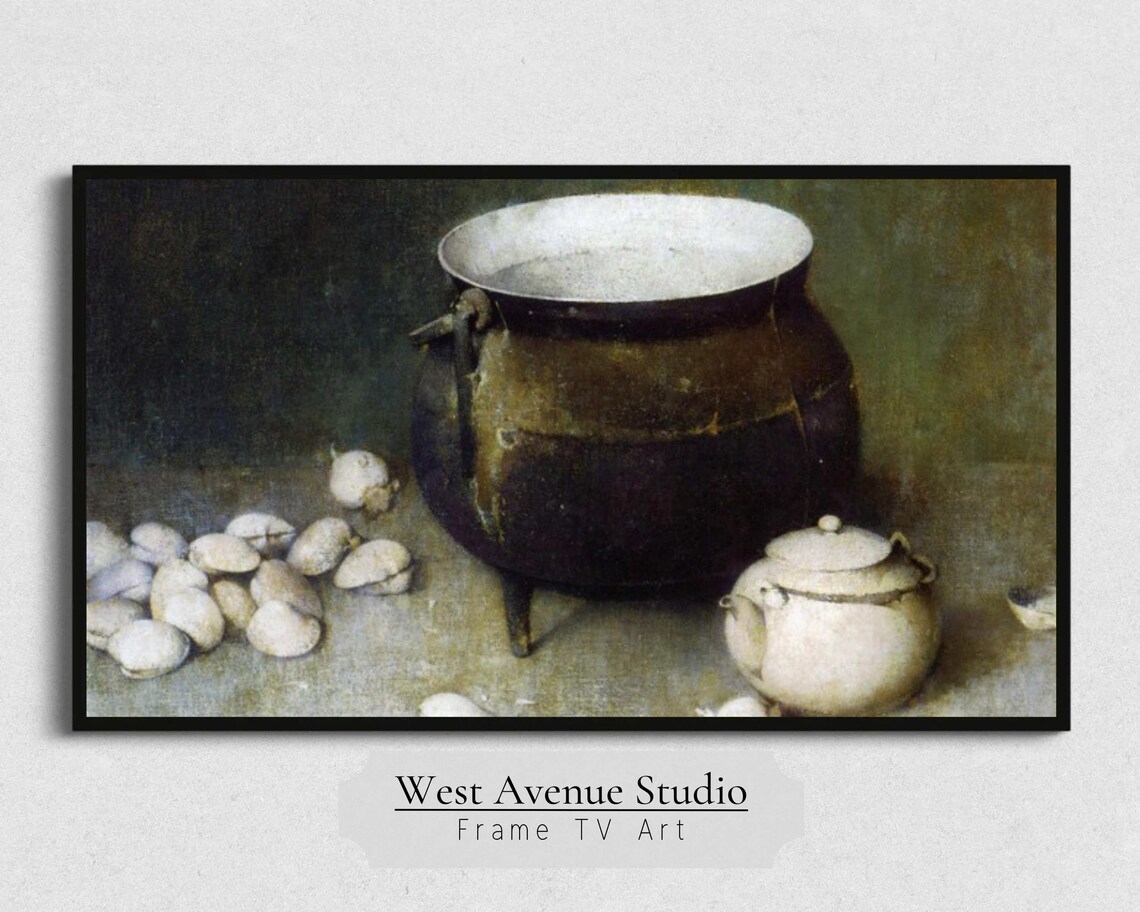 Dark Cauldron White Teapot Vintage Kitchen Still Life Oil Painting Poster - Image 5