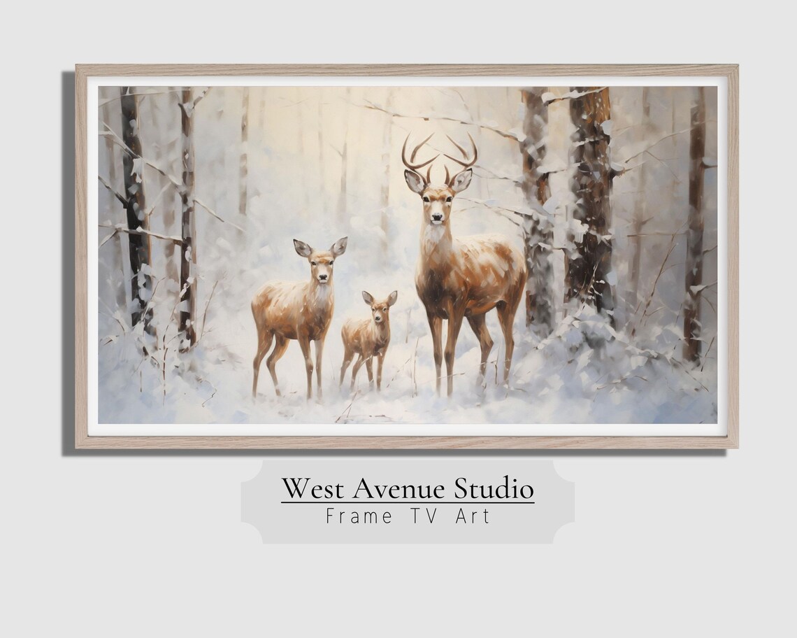 Winter Deer Family in Snowy Forest Buck Doe Fawn Christmas Wildlife Art Poster - Image 2