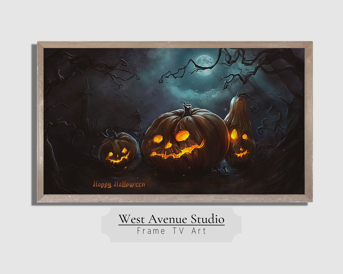 Glowing Jack O Lanterns Full Moon Spooky Night Bats Happy Halloween Art Poster