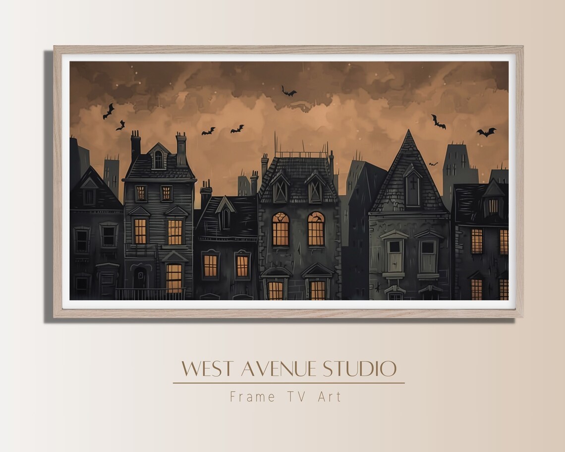 Spooky Halloween Town Glowing Windows Orange Sky Bats Vintage Night Art Poster - Image 3
