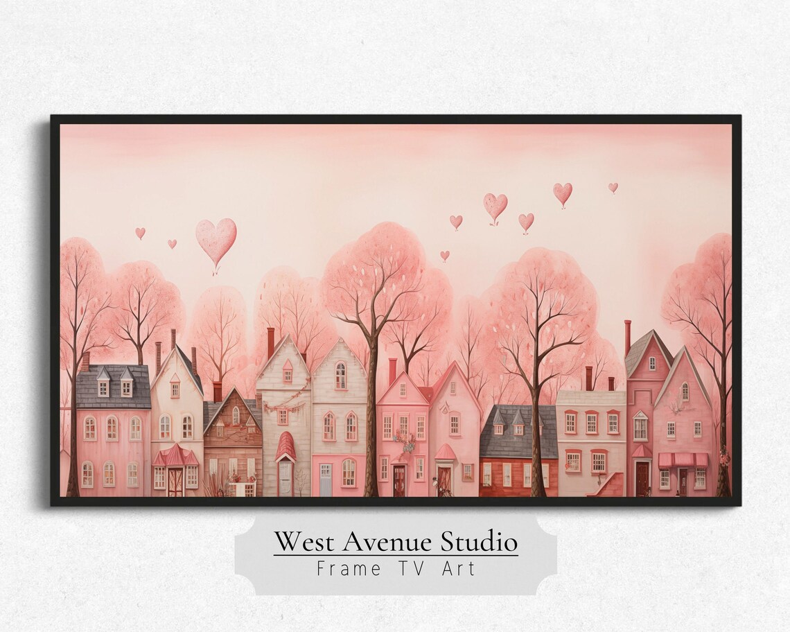 Valentine Heart City Village Pink Neutral Art Print - Image 5