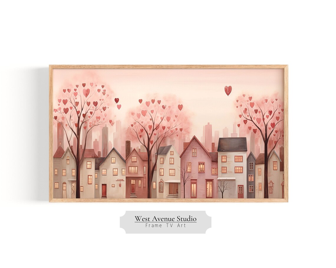 Valentine City Village Heart, Pink Neutral Art Print