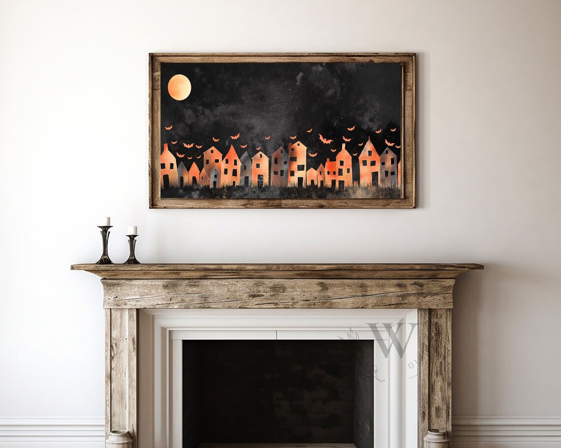 Orange Village Silhouette Full Moon Orange Bats Black Night Halloween Poster - Image 4
