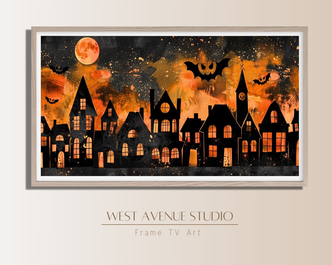 Halloween Town Silhouette Fiery Orange Sky Full Moon Bats Night Art Poster - Image 4