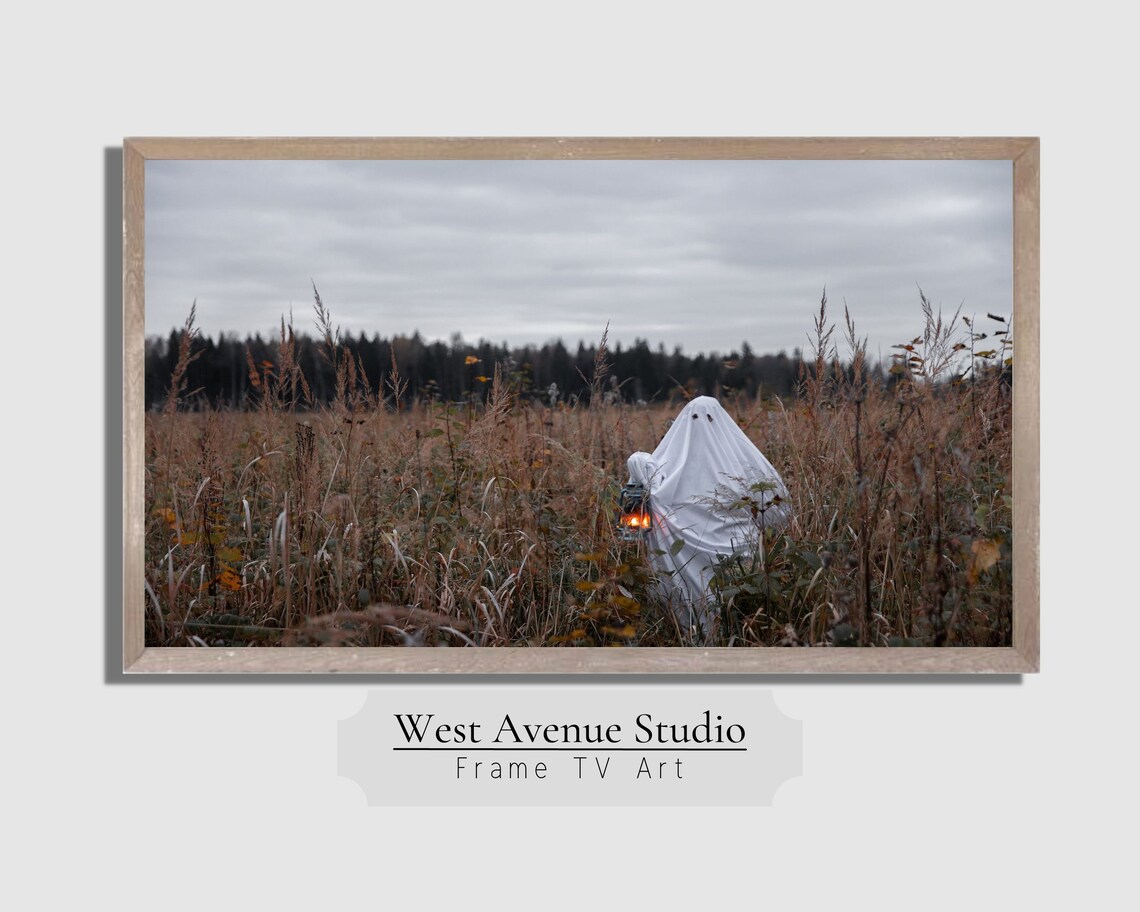 Cute Sheet Ghost Holding Lantern in Fall Meadow Spooky Halloween Photo Poster