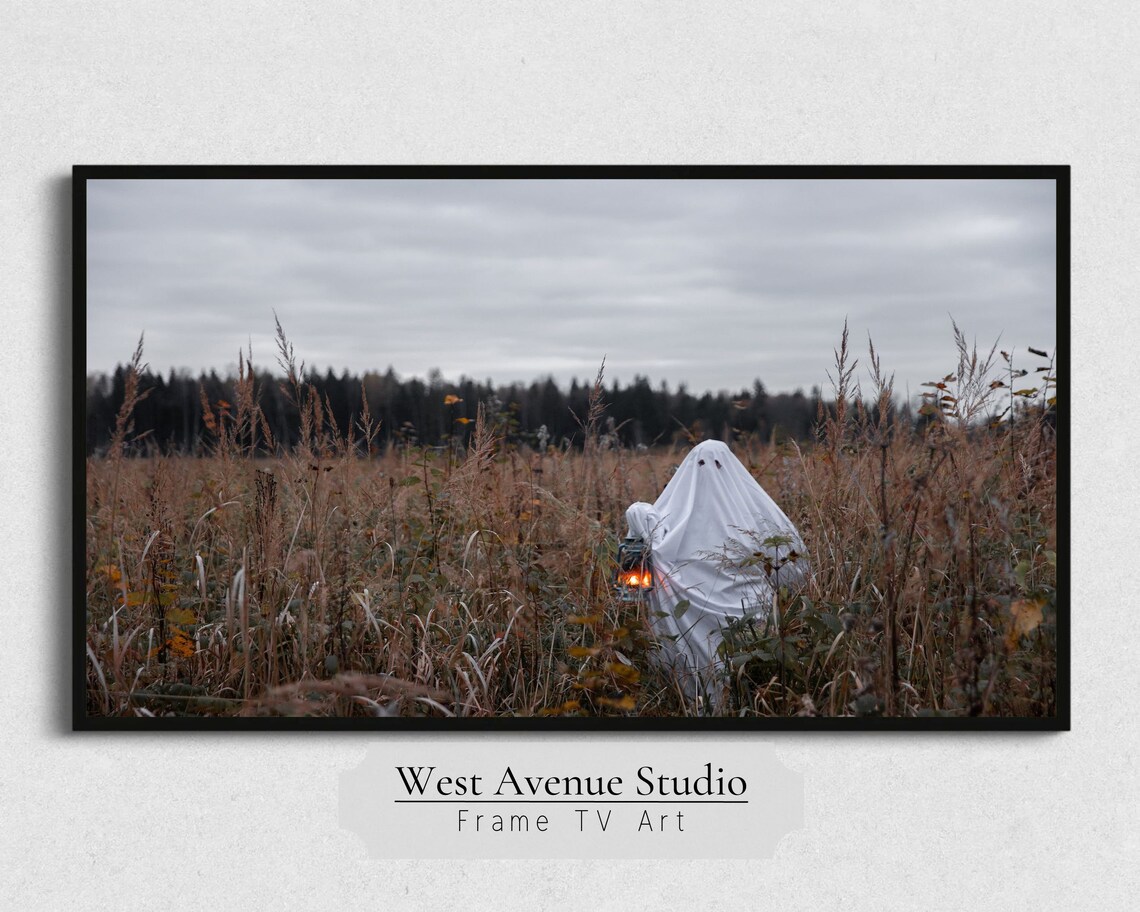 Cute Sheet Ghost Holding Lantern in Fall Meadow Spooky Halloween Photo Poster - Image 5