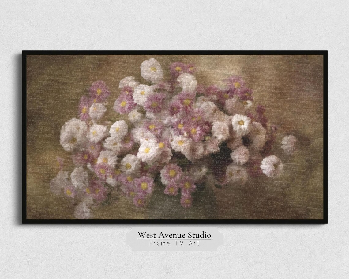 Pink White Chrysanthemums Vintage Still Life Floral Painting Poster - Image 4