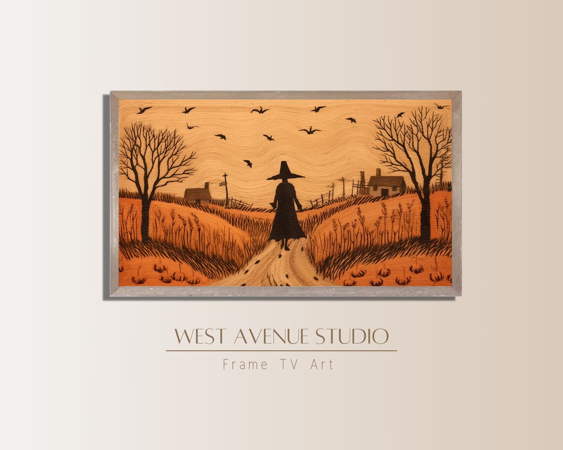 Witch Walking Country Path Wood Grain Folk Art Crows Pumpkins Halloween Poster - Image 2