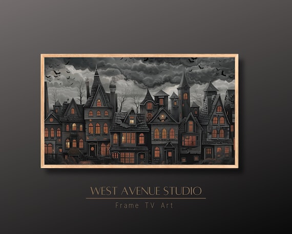 Gothic Halloween Village Glowing Windows Stormy Sky Bats Spooky Night Poster