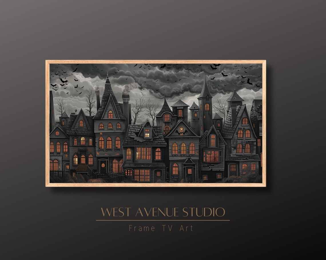 Gothic Halloween Village Glowing Windows Stormy Sky Bats Spooky Night Poster