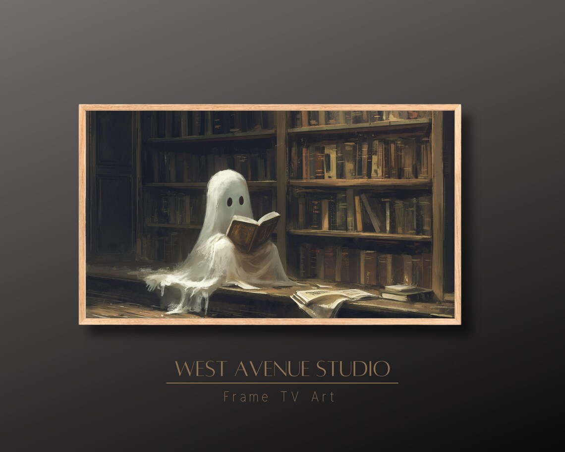 Cute Ghost Reading In Dark Library Whimsical Halloween Bookish Art Poster - Image 2