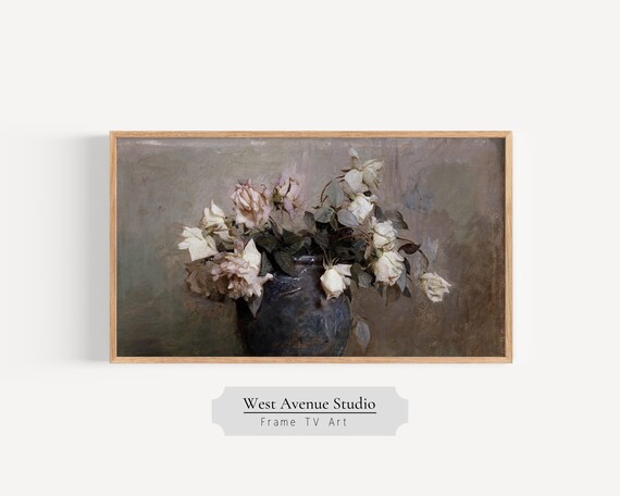 White Roses Antique Urn Moody Vintage Still Life Floral Painting Poster
