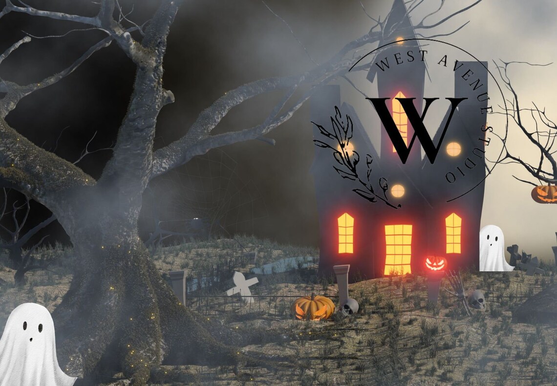 Haunted House Glowing Windows Full Moon Cute Ghosts Halloween Night Art Poster - Image 3